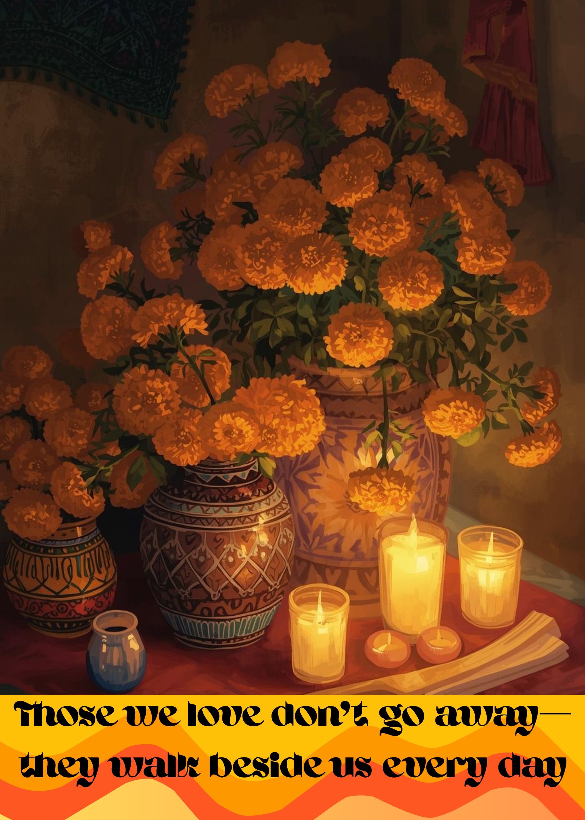 Decorative still life with marigold flowers, candles, and text on a dark background
