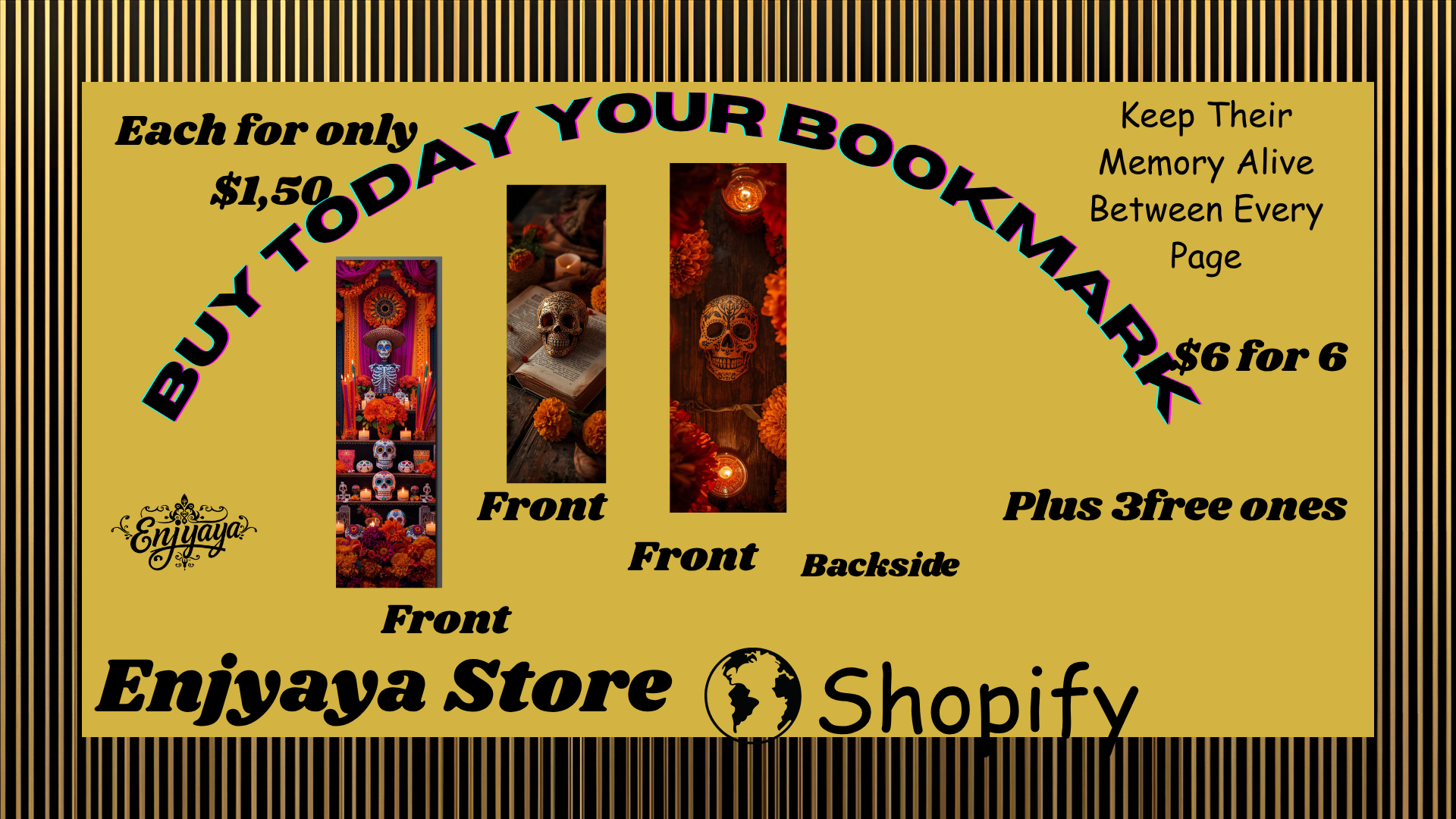 Promotional poster for bookmarks with text and images of bookmarks on a yellow background.