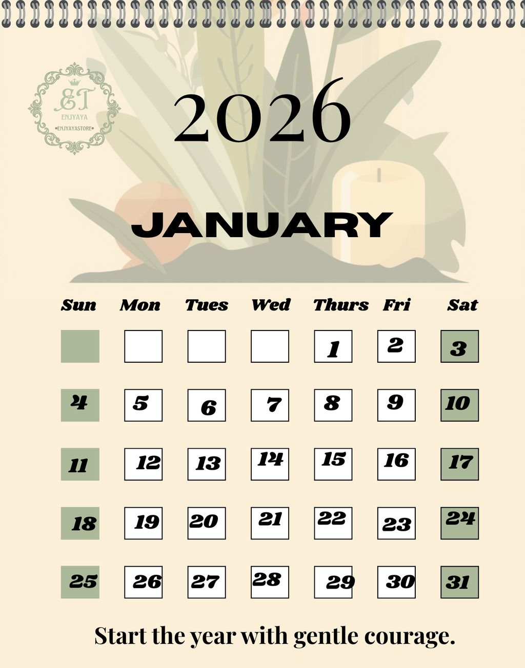 Calendar for January 2026 with decorative elements and motivational quote.