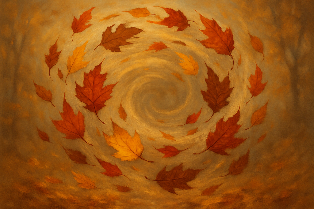 an autumn wind blowing in a circle with leaves spinning around